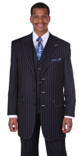  Milano Moda Navy Full Cut Striped Long Jacket Vested Urban Men Suits 5903V 