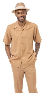  Montique Tan 2 Piece Short Sleeve Men's Summer Walking Suit Tone on Tone Plaid 2210 Size L, 3XL 