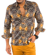  Prestige Mens Designer Golden Rust Button Down Shirt Geo Pattern UnTuck PR-434 Size XL, 2XL 