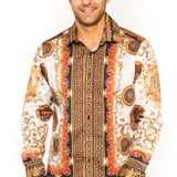  Prestige Trendy Button Up Shirt Mens Black Print Pattern COT-370 Size XL, 2XL 