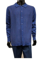  Men's Sweater and Pants Set Blue Stripe Button Front WS838 