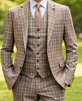  Statement Men's Plaid 3 Piece Tan Modern Fit Designer Suit Modena 