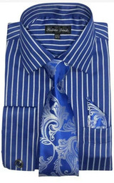  French Cuff Shirt Tie Set Men Royal Blue Stripe Fortini FL633 