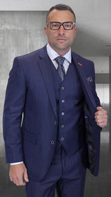  Statement Men's 3 Piece Wool Navy Shadow Stripe Herringbone Tailored Fit Suit  Garda 