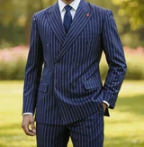  Statement Mens Double Breasted Pinstripe Navy Tailored Fit Suit SD-105 