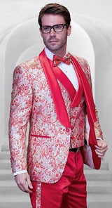  Statement Coral Fancy Paisley Pattern 3 Piece Fashion Tuxedo Tailored Fit Delano-2 