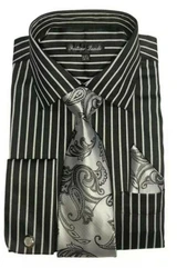  Mens French Cuff Shirt Tie Set Black White Stripe FL633 