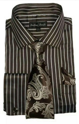  French Cuff Shirt Tie Set Men Brown Stripe Fortini FL633 