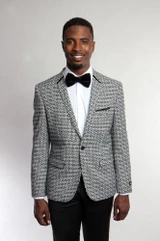  Tazio Mens Black White Link Pattern Slim Fit Tuxedo Blazer MJ184-03 