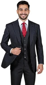  1920s Mens 3 Piece Suit Black/White Stripe 3 Button Vinci F-V2RS9 Size 44R Final Sale 