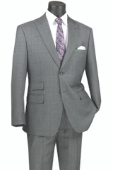  Vinci Men's Gray Suit Windowpane Modern Fit 2 Piece Peak Lapels MRW-1 
