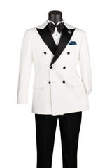 Vinci Mens White Black Double Breasted Tuxedo Suit Regular Fit TMDB 