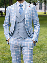  Statement Men's Wool Windowpane Suit Peak Lapel Tailored Fit Aqua Diego 