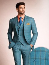  Vinci Men's 3 Piece Teal Plaid Modern Suit with DB Vest F-MV2W4 Size 46R Final Sale 
