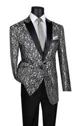  Men's Silver Floral Blazer Tuxedo Performer Prom Jacket Vinci BF-2 