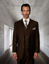  Statement Men's Brown Wool 3 Pc. Pinstripe Vest Suit Zarelli 