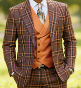  Statement Men's Copper Bold Plaid Wool Modern Fit Suit 3 Piece Firenze 