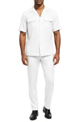 Stacy Adams Mens White Linen Shirt Pants Set Casual Outfit 3510