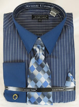  Shirt with Tie Combo French Cuff Mens Blue Pinstripe DN98M Final Sale 
