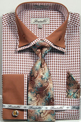  Fratello Men's Brown Hounds Tooth French Cuff Tie Hankie Set FRV4136P2 Final Sale 