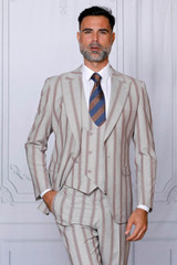  Manzini Mens Stripe 3 Piece Suit Sand Modern Fit Sydney 