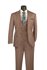Men's Plaid Church Suit with Vest 3 Piece Taupe 1920s Fashion V2RW-16