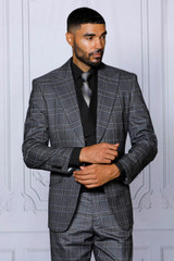  Insomnia Men's Charcoal Plaid Fancy Compose Suit Tailor Fit Paris-2 