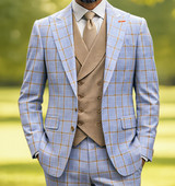 Statement Men's Steel Blue Windowpane 3 Piece Modern Fit Wool Suit Angelo