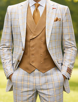  Statement Men's Windowpane 3 Piece DB Vest Camel Tailored Fit Wool Suit Angelo 