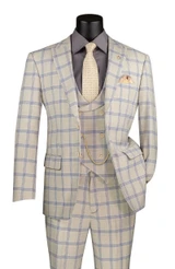  Vinci Men's Beige Plaid Modern Suit Low-Cut Vest 3 pc. MV2W-5 
