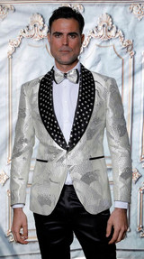  Manzini Men 's Embellished Pattern Fitted Tuxedo Cream Prom Blazer MZS-601 