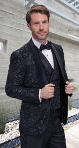  Statement Mens 3 Piece Black  Lace Modern Fit Tuxedo Amore 