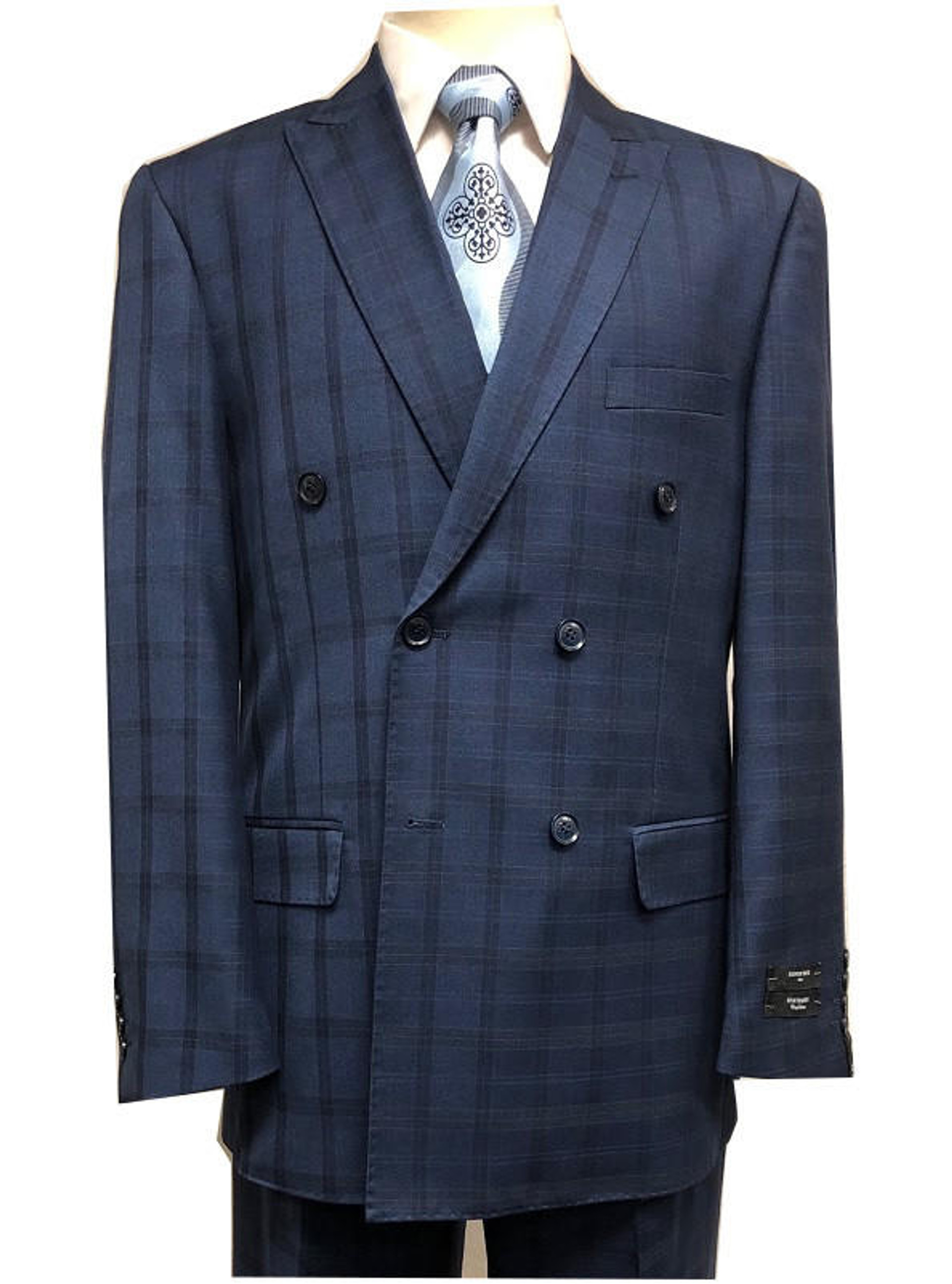 Statement Double Breasted Wool Suit Mens Sapphire Plaid SD-200 Size 54L