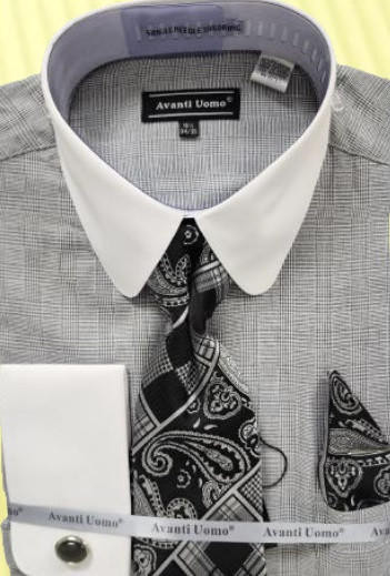 Men's Plaid Dress Shirt - Double Collar French Cuff, Slim Fit Business Casual Formal Shirt, Cotton Corduroy For All Seasons