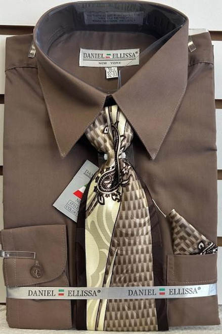  DE Mens Taupe Dress Shirt Tie Hankie Set D1P2 Final Sale 
