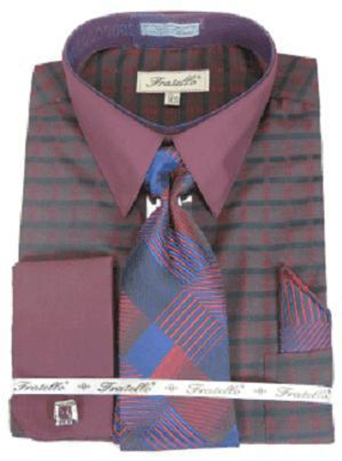  French Cuff Shirt and Tie Set Wine Burgundy Plaid FRV4154 Final Sale 