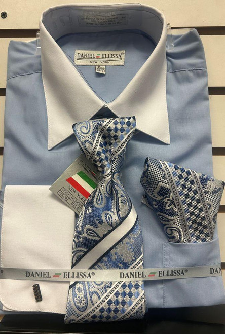  Men's Blue White Collar French Cuff Dress Shirt Tie Set DS3006WTPRT Size 15.5 34/35 Final Sale 