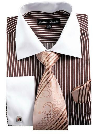  Mens Dress Shirt Tie Combo Set Brown Stripe Fortino FL631 Size 17.5 36/37 Final Sale 
