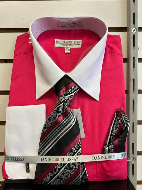 Men's Fuchsia White Dress Shirt Tie Set DS3006WTPRT Size 17.5 Final Sale