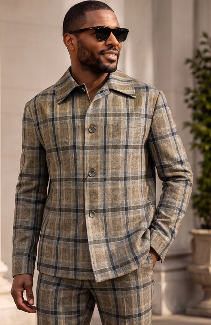 Pronti Leisure Jacket Suit 2 Piece Tan Windowpane BP6791