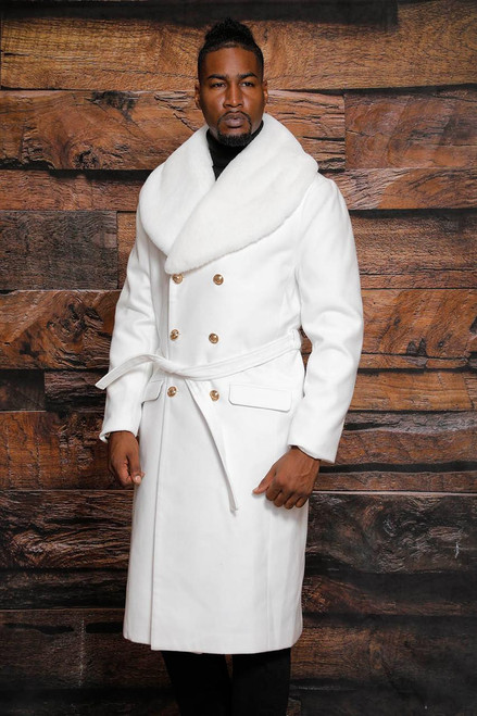  Manzini Men's White Fur Collar Double Breasted Wool Overcoat MZW322 