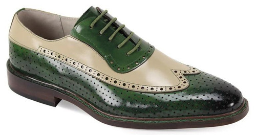  Giovanni Mens Wingtip Two Tone Gangster Shoes Olive/Natural Leather Rio 