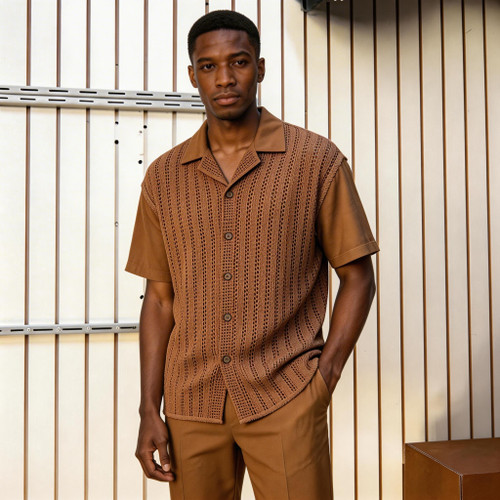 Pronti Mens Mesh Front Linen 2 Pc. Modern Fit Outfit Mocha SP6923