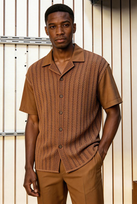Pronti Mens Mesh Front Linen 2 Pc. Modern Fit Outfit Mocha SP6923