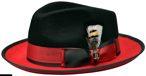 Bruno Capelo Mens Winter Dress Hat Fedora Black Red Brim PE-998