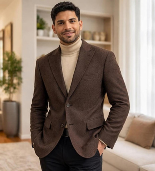  Zacchi Men's 2 Button Peak Lapel Brown Winter Fashion Sport Coat Venesi 71402 