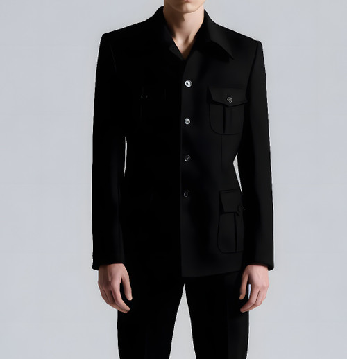 Pronti Men's Black Casual Safari Suit Pocket Front Jacket BP8102