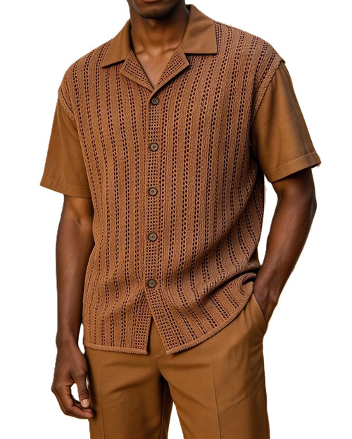 Pronti Mens Linen 2 Pc. Outfit Mocha Mesh Front Modern Fit SP6923