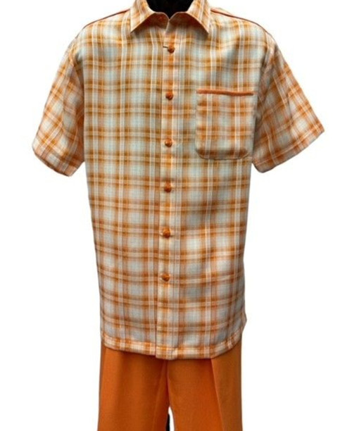 Dreams Mens Orange/ Cream Plaid Pattern 2 pc.Short Sleeved Coord Set Piazza  282-18