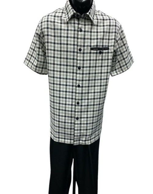 Dreams Mens Black/ Off White Plaid Pattern 2 pc.Short Sleeved Walking Suit Chico 283-00